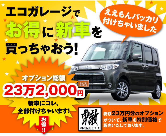ええもんバッカリ付けちゃいました！エコガレージでお得に新車を買っちゃおう！オプション総額23万2,000円新車にコレ、全部付けちゃいます！総額23万円分のオプション がついて、新車を特別価格で販売いたしております。